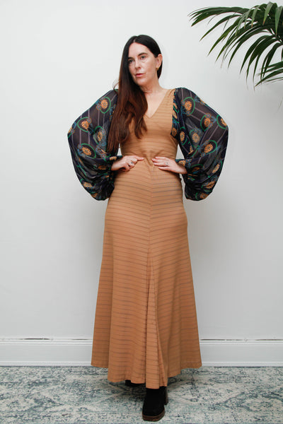 Rare Vintage Bohemian Dress, Earthy Sand Tone & Dramatic Sheer Floral Sleeves