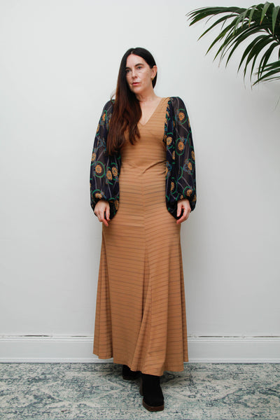 Rare Vintage Bohemian Dress, Earthy Sand Tone & Dramatic Sheer Floral Sleeves