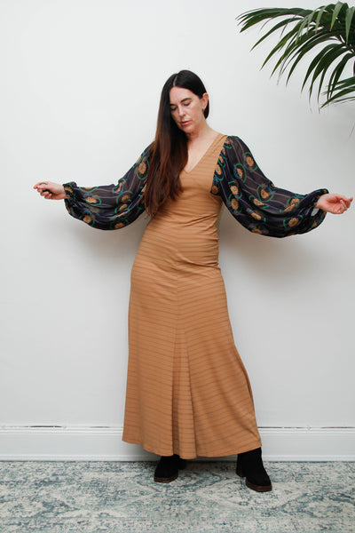 Rare Vintage Bohemian Dress, Earthy Sand Tone & Dramatic Sheer Floral Sleeves