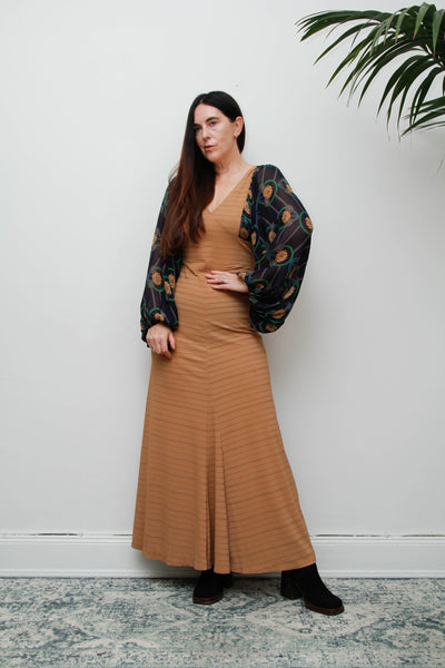 Rare Vintage Bohemian Dress, Earthy Sand Tone & Dramatic Sheer Floral Sleeves