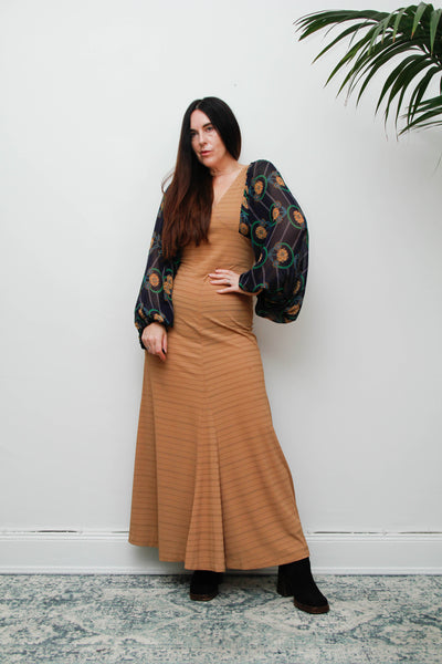 Rare Vintage Bohemian Dress, Earthy Sand Tone & Dramatic Sheer Floral Sleeves