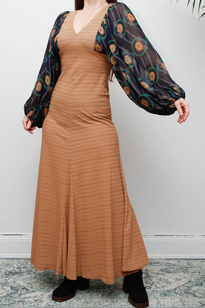 Rare Vintage Bohemian Dress, Earthy Sand Tone & Dramatic Sheer Floral Sleeves