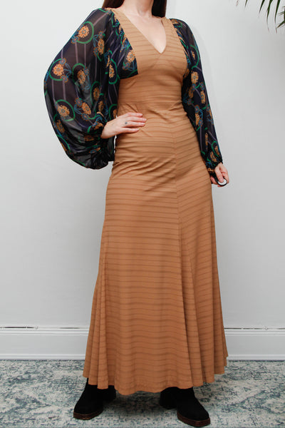 Rare Vintage Bohemian Dress, Earthy Sand Tone & Dramatic Sheer Floral Sleeves
