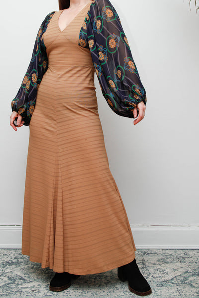 Rare Vintage Bohemian Dress, Earthy Sand Tone & Dramatic Sheer Floral Sleeves