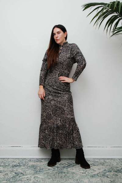 Vintage 1970s Gothic Cape Maxi Dress, Abstract Print & High Collar