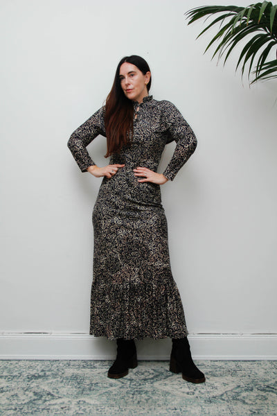 Vintage 1970s Gothic Cape Maxi Dress, Abstract Print & High Collar