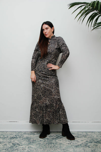 Vintage 1970s Gothic Cape Maxi Dress, Abstract Print & High Collar