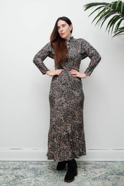 Vintage 1970s Gothic Cape Maxi Dress, Abstract Print & High Collar