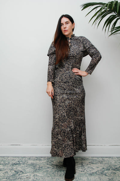 Vintage 1970s Gothic Cape Maxi Dress, Abstract Print & High Collar