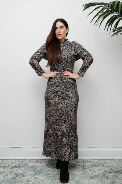 Vintage 1970s Gothic Cape Maxi Dress, Abstract Print & High Collar