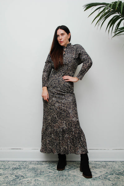 Vintage 1970s Gothic Cape Maxi Dress, Abstract Print & High Collar
