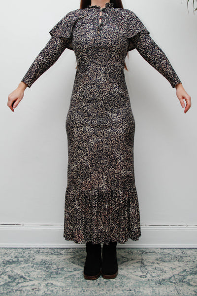 Vintage 1970s Gothic Cape Maxi Dress, Abstract Print & High Collar