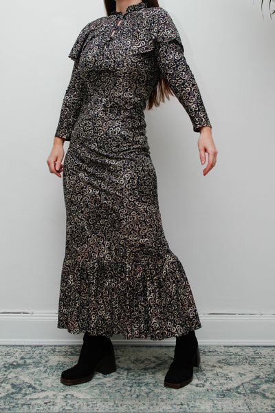 Vintage 1970s Gothic Cape Maxi Dress, Abstract Print & High Collar