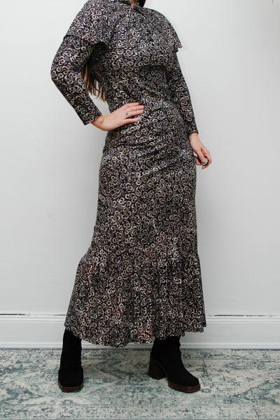 Vintage 1970s Gothic Cape Maxi Dress, Abstract Print & High Collar