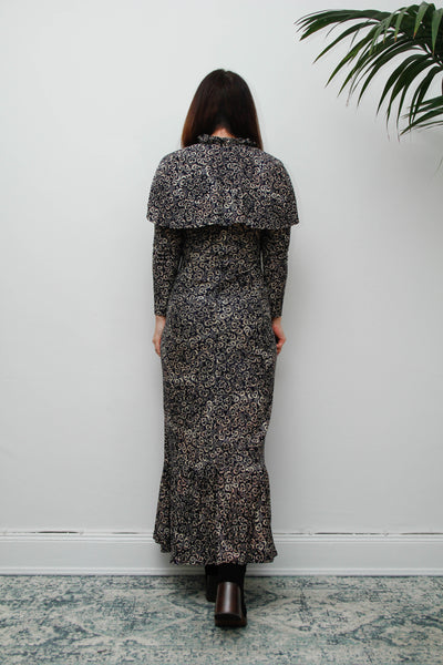 Vintage 1970s Gothic Cape Maxi Dress, Abstract Print & High Collar