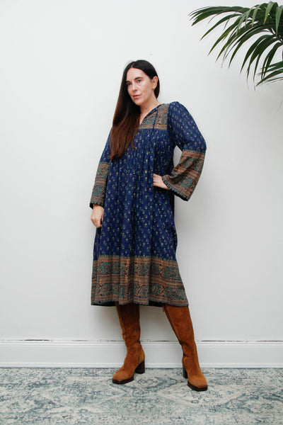 Rare Vintage Interlinks Indian Cotton Dress, 1970s Boho Floral Smock