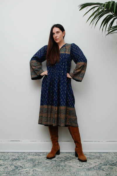 Rare Vintage Interlinks Indian Cotton Dress, 1970s Boho Floral Smock