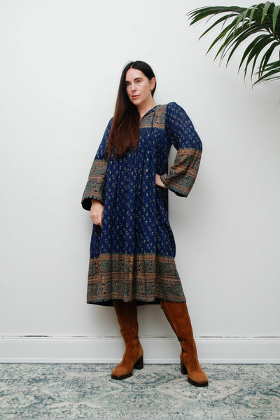 Rare Vintage Interlinks Indian Cotton Dress, 1970s Boho Floral Smock