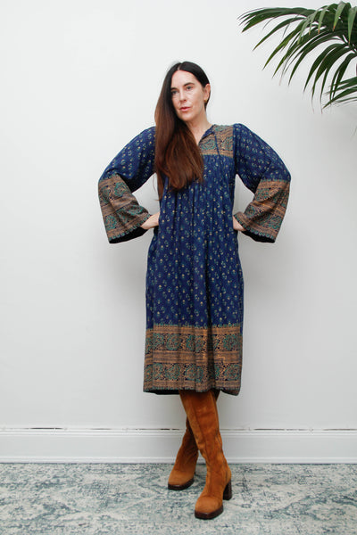 Rare Vintage Interlinks Indian Cotton Dress, 1970s Boho Floral Smock