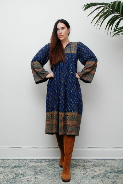 Rare Vintage Interlinks Indian Cotton Dress, 1970s Boho Floral Smock