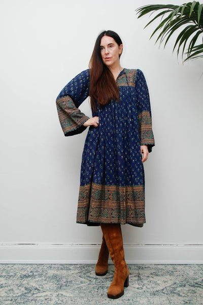 Rare Vintage Interlinks Indian Cotton Dress, 1970s Boho Floral Smock