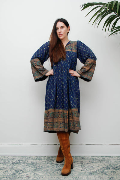 Rare Vintage Interlinks Indian Cotton Dress, 1970s Boho Floral Smock