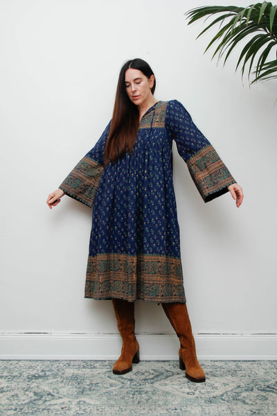 Rare Vintage Interlinks Indian Cotton Dress, 1970s Boho Floral Smock