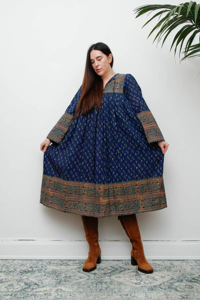 Rare Vintage Interlinks Indian Cotton Dress, 1970s Boho Floral Smock