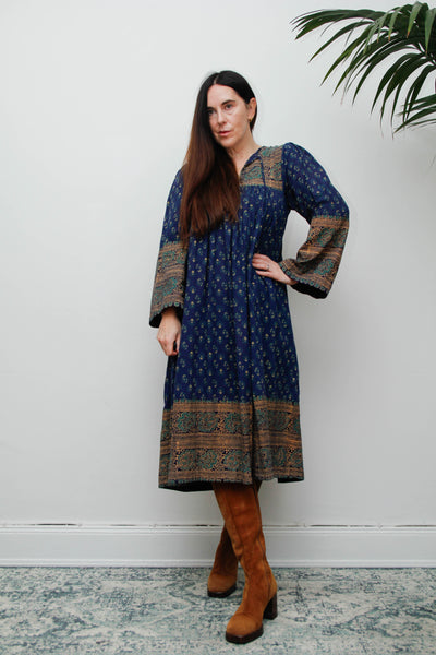 Rare Vintage Interlinks Indian Cotton Dress, 1970s Boho Floral Smock