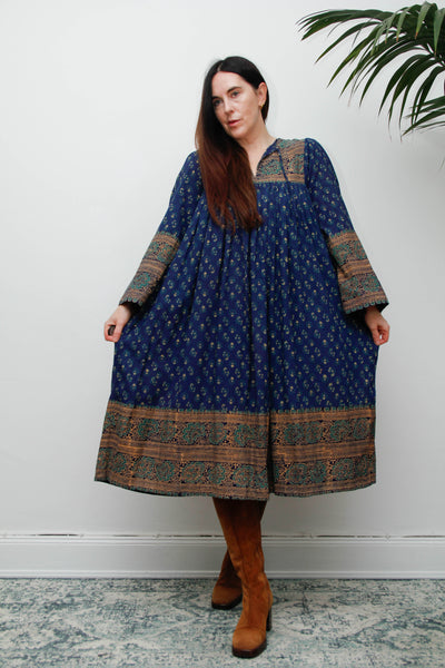 Rare Vintage Interlinks Indian Cotton Dress, 1970s Boho Floral Smock