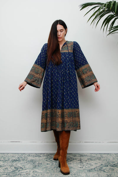 Rare Vintage Interlinks Indian Cotton Dress, 1970s Boho Floral Smock