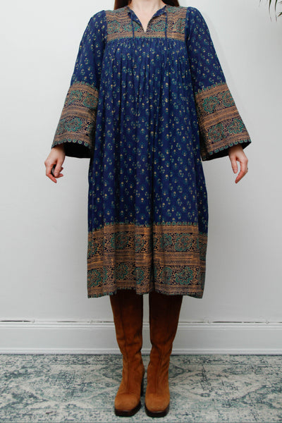 Rare Vintage Interlinks Indian Cotton Dress, 1970s Boho Floral Smock