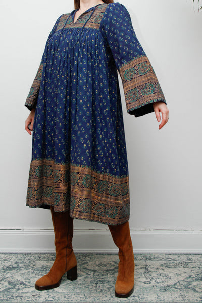 Rare Vintage Interlinks Indian Cotton Dress, 1970s Boho Floral Smock