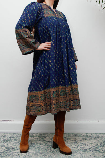 Rare Vintage Interlinks Indian Cotton Dress, 1970s Boho Floral Smock