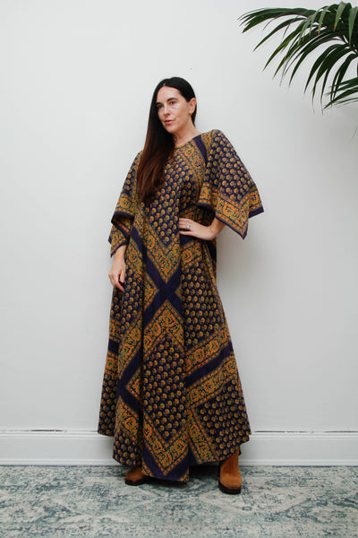 Vintage Indian Block Print Maxi Dress, Angel Sleeve Cotton Bohemian Dress