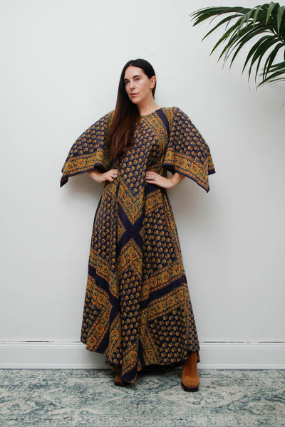 Vintage Indian Block Print Maxi Dress, Angel Sleeve Cotton Bohemian Dress