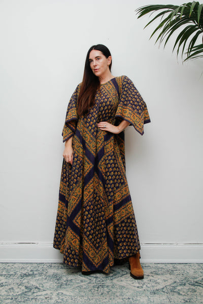 Vintage Indian Block Print Maxi Dress, Angel Sleeve Cotton Bohemian Dress