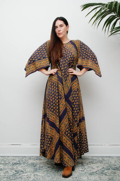 Vintage Indian Block Print Maxi Dress, Angel Sleeve Cotton Bohemian Dress