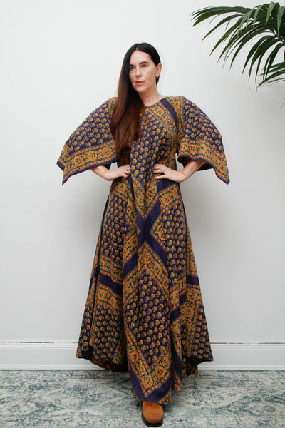 Vintage Indian Block Print Maxi Dress, Angel Sleeve Cotton Bohemian Dress