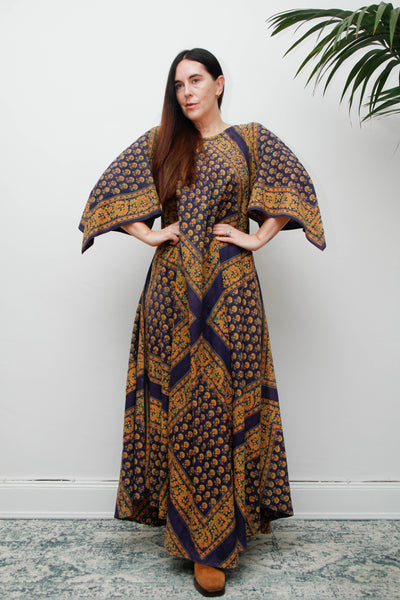 Vintage Indian Block Print Maxi Dress, Angel Sleeve Cotton Bohemian Dress