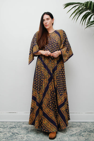 Vintage Indian Block Print Maxi Dress, Angel Sleeve Cotton Bohemian Dress