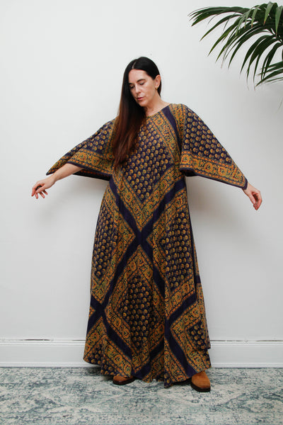 Vintage Indian Block Print Maxi Dress, Angel Sleeve Cotton Bohemian Dress