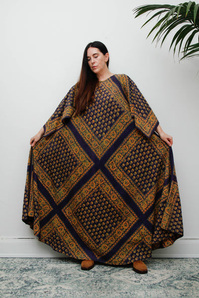 Vintage Indian Block Print Maxi Dress, Angel Sleeve Cotton Bohemian Dress