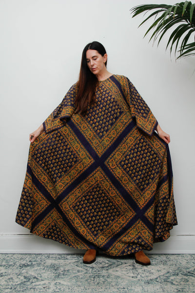 Vintage Indian Block Print Maxi Dress, Angel Sleeve Cotton Bohemian Dress