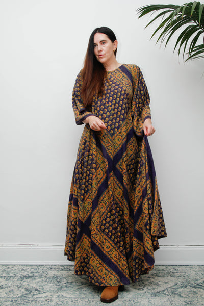 Vintage Indian Block Print Maxi Dress, Angel Sleeve Cotton Bohemian Dress