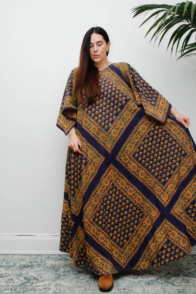 Vintage Indian Block Print Maxi Dress, Angel Sleeve Cotton Bohemian Dress