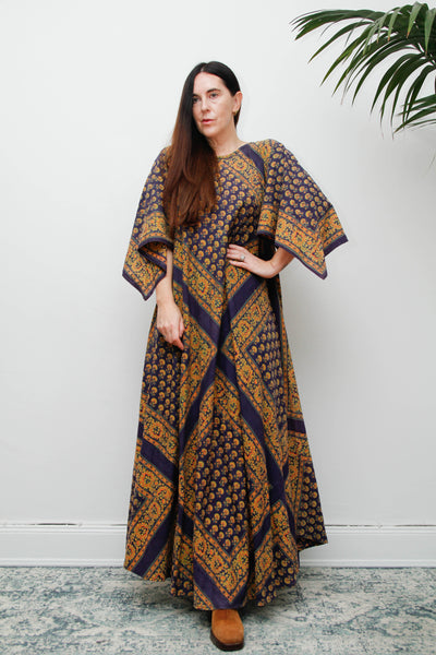 Vintage Indian Block Print Maxi Dress, Angel Sleeve Cotton Bohemian Dress