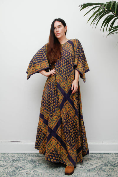 Vintage Indian Block Print Maxi Dress, Angel Sleeve Cotton Bohemian Dress