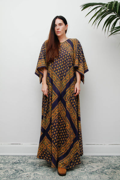 Vintage Indian Block Print Maxi Dress, Angel Sleeve Cotton Bohemian Dress
