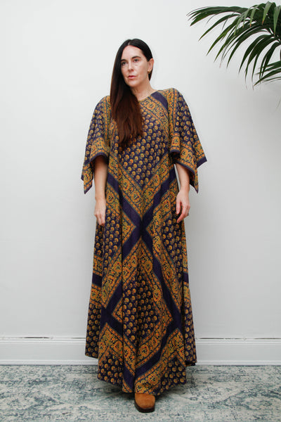 Vintage Indian Block Print Maxi Dress, Angel Sleeve Cotton Bohemian Dress